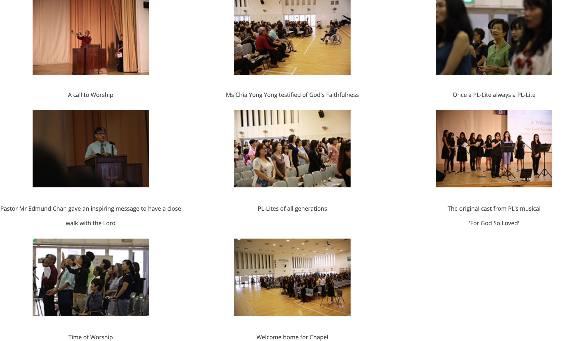 A grid of six church event photos showing speakers, congregants, a choir, and worship gatherings in a hall.